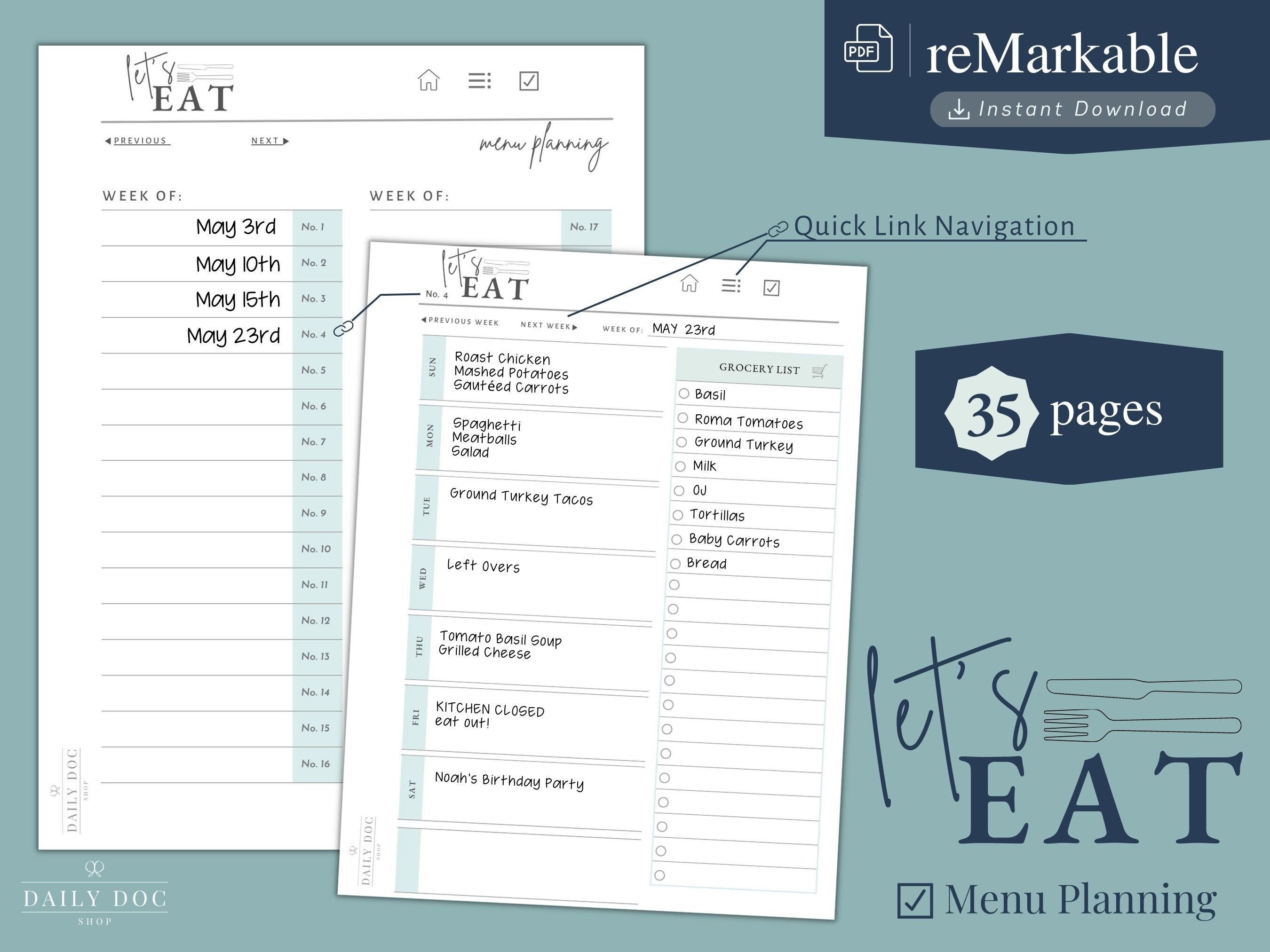 Remarkable 1 & 2 Menu Meal Grocery Planner | Right Hand | PDF Printable ...