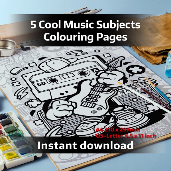 5 dessins de musique cool, pages de coloriage de musique imprimables pour adultes, illustration de dessin animé de musique, feuille de coloriage, téléchargement immédiat, PDF, numérique