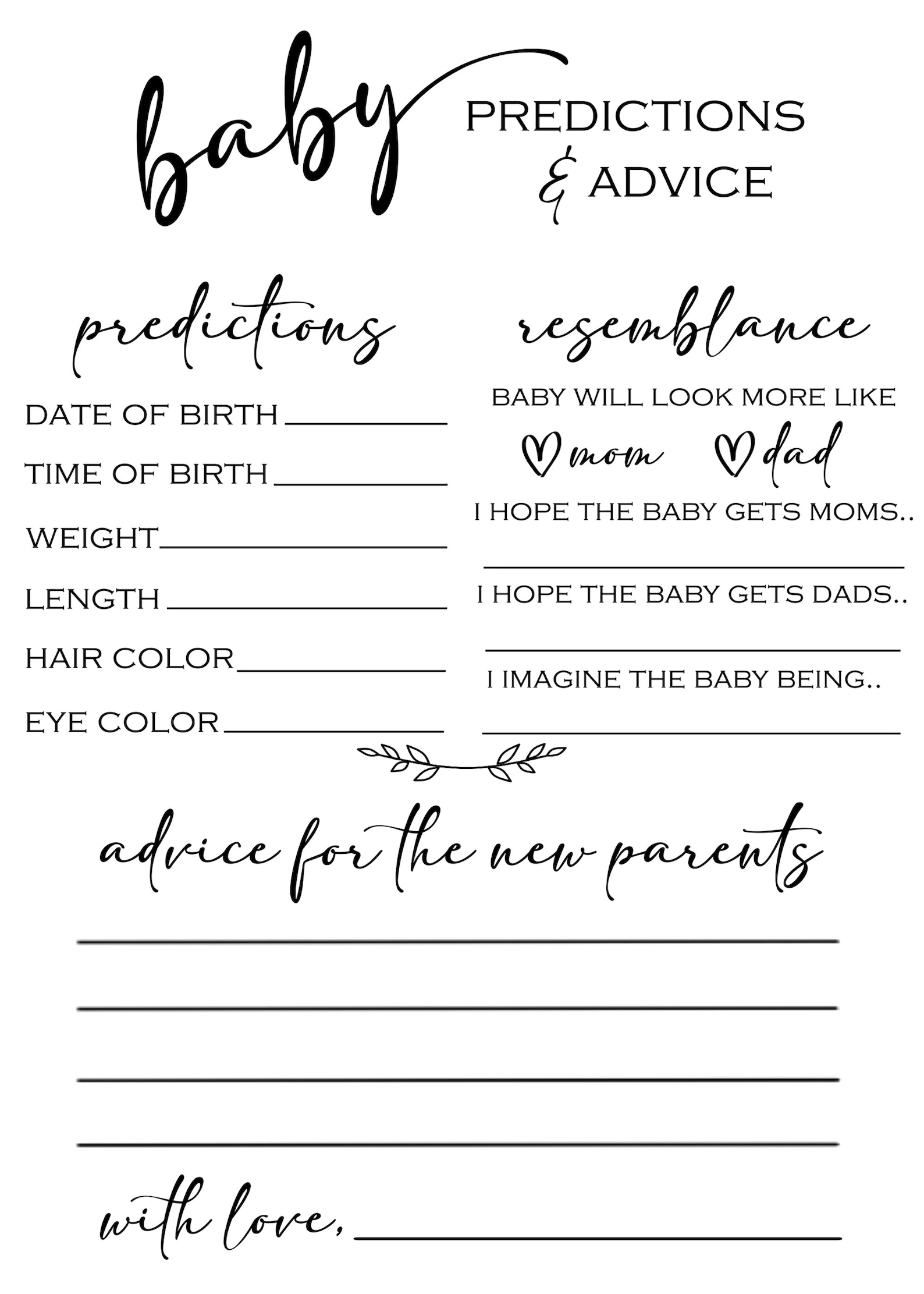 Baby Shower Advice Card Baby Prediction Card Baby Shower Etsy