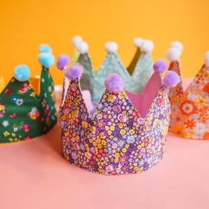Kids Fabric Crown, Adjustable Floral Fabric Crown, Princess Crown, Girls Fairy Crown, Pom Pom Crown, Ribbon Tie Crown, Imagination Play