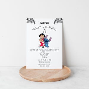 May include: A white invitation card featuring the text "SURF'S UP! MOLLY IS TURNING 8" and illustrations of Lilo and Stitch. The card includes event details: July 20th, 2-4 PM, and an address in Oahu, Hawaii.