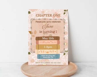 Floral Book Birthday Invitation, Kids Book Party, Chapter One First Birthday Invitation, Editable Invitation, Girls Floral Birthday, Digital