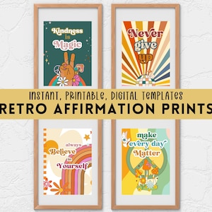 Retro Affirmation Prints, Groovy Affirmations, Classroom Posters, Kindness Print, Hippie Poster, Daily Quotes, Positivity, Radiate Happiness