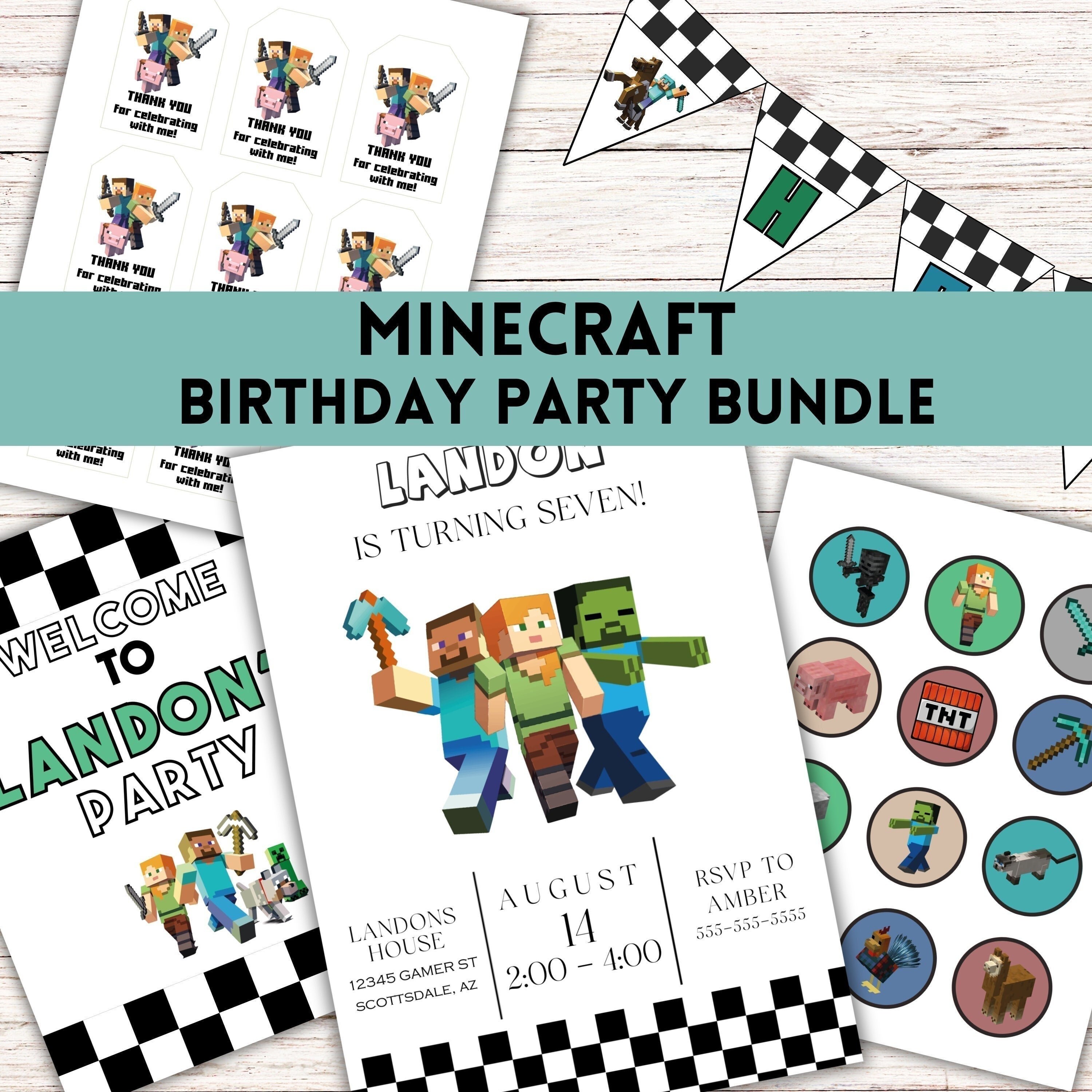 Minecraft Birthday Decorations Bundle Editable Kids Minecraft Birthday Boys Birthday Invitation Minecraft Birthday Banner