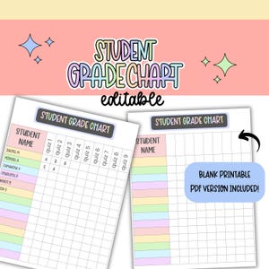 May include: A student grade chart with the text "Student Grade Chart" and "editable". The chart includes spaces for student names and quiz scores. A blank printable PDF version is also included. The background is light pink with star and sparkle graphics.