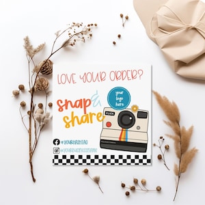 Tarjeta de inserción de productos para pequeñas empresas, tarjeta Snap and Share, tarjeta de envío empresarial, tarjeta de agradecimiento, tarjeta de redes sociales, plantilla de redes sociales