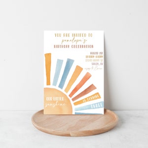 Sunshine Birthday Invitation, First Trip Around The Sun, Kids Invitation, Editable, Modern, Minimalist, Sun Birthday, Neutral Birthday