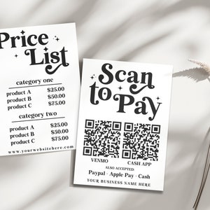 Editable Price List Template, Small Business Price Sheet, Editable QR Code Payment Template, Digital Business Price List Display, Trendy