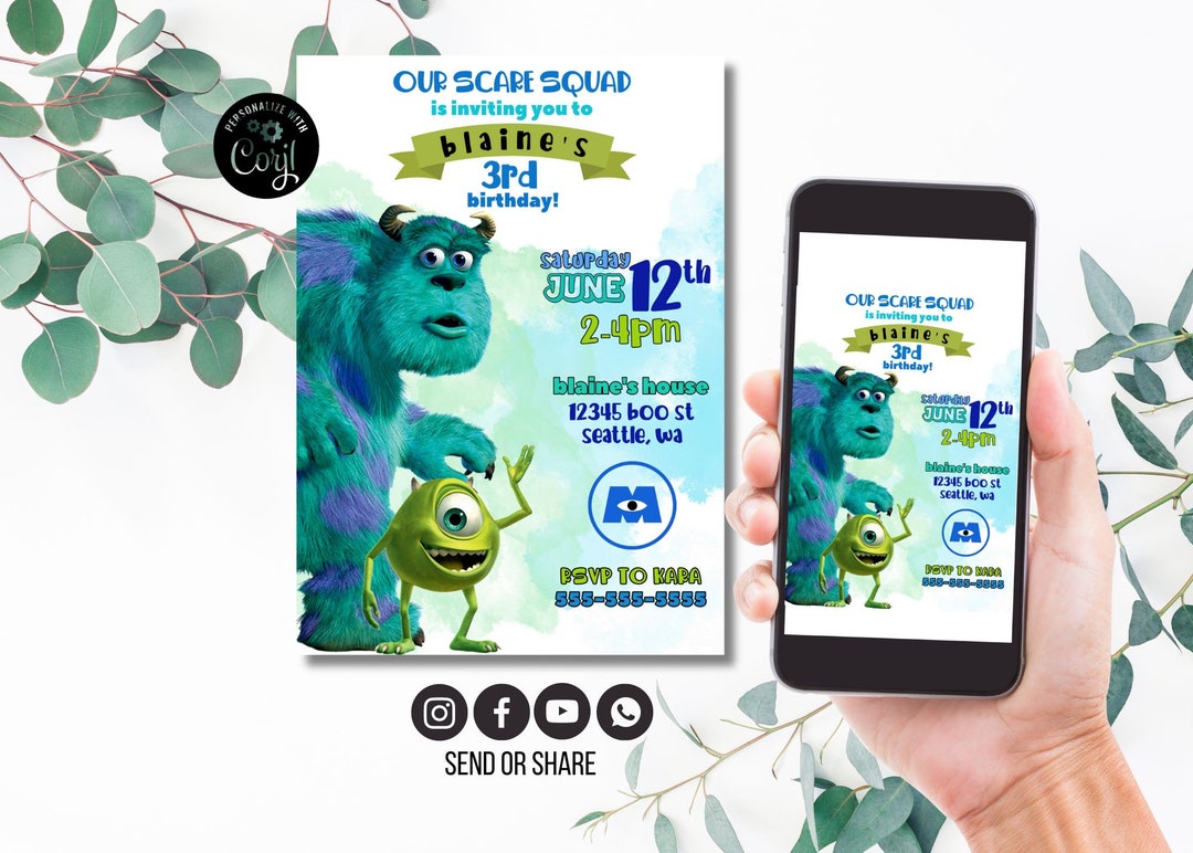 Monsters Inc Invitation, Monsters Inc Birthday, Disney, Kids Birthday ...
