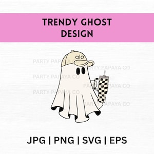Trendy Ghost Design, Checkered Cup, Funny Ghost PNG, Ghost Svg, Apparel Svg, Ghost Tumbler Clipart, Cute Ghostie, Neutral Print, Yoga