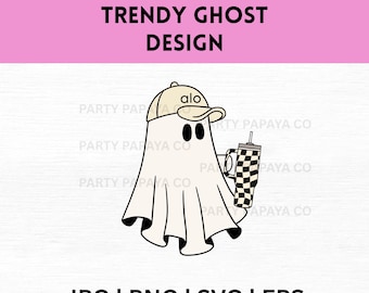Trendy Ghost Design, Checkered Cup, Funny Ghost PNG, Ghost Svg, Apparel Svg, Ghost Tumbler Clipart, Cute Ghostie, Neutral Print, Yoga