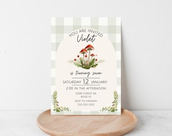 Invitación de cumpleaños infantil con hongos estilo Cottagecore, cumpleaños con hongos de picnic, invitación con hongos del bosque para niñas, cumpleaños de hadas, invitación para fiesta