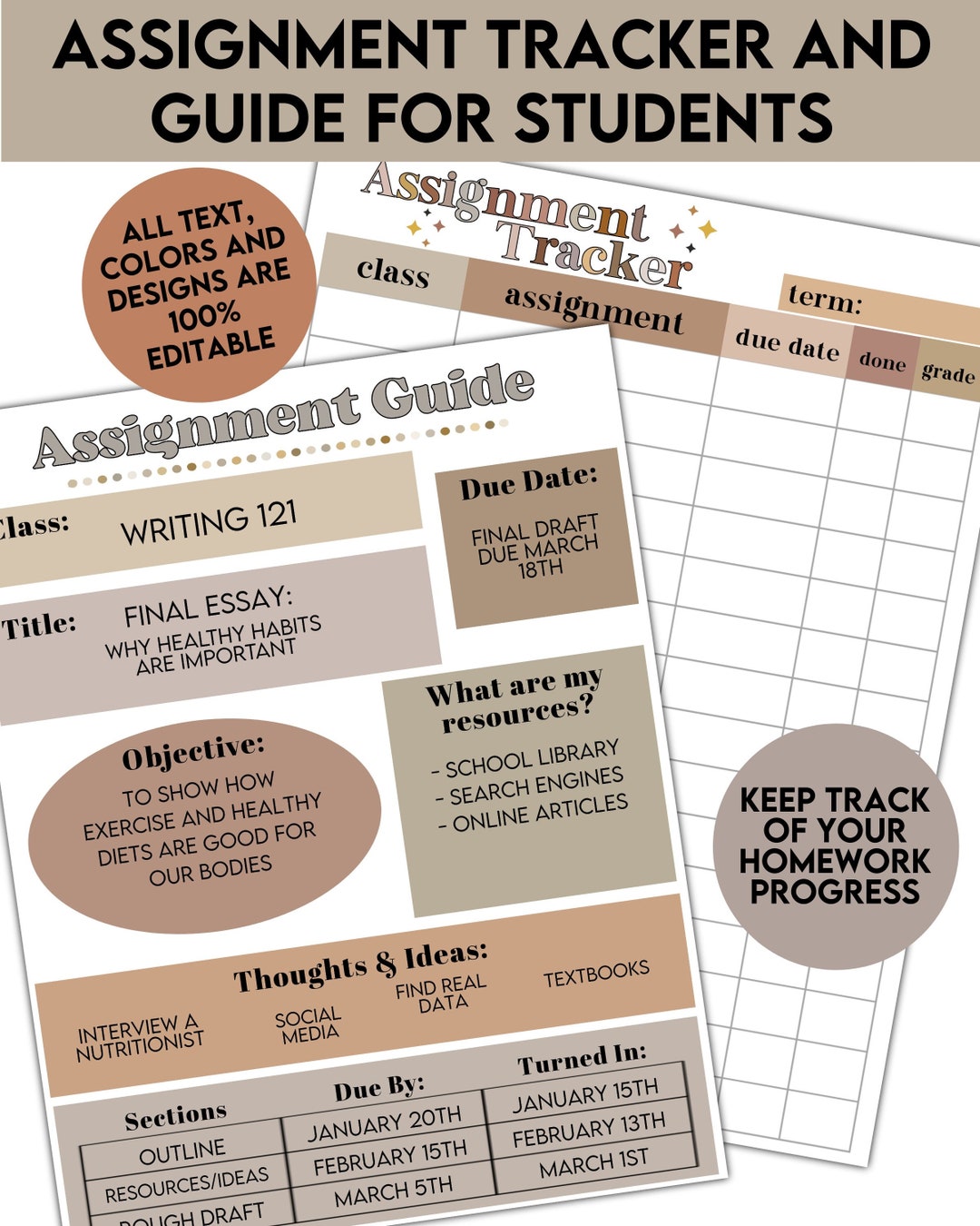 Student Assignment Tracker, Student Chart, Assignment Chart, College 