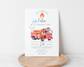 May include: A red fire truck with a blue water hose and a red flame illustration. The text "GET FIRED UP!" is above the fire truck and the text "Felix is turning one" is below the fire truck. The text "SATURDAY 24 JANUARY" is below the fire truck. The text "4:00 IN THE AFTERNOON" is below the date. The text "12345 WATER ST SAN FRANCISCO, CA" is below the time. The text "RSVP TO ERICA 555-555-5555" is below the address.