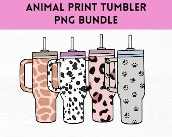 Clipart de vaso con estampado animal, Stanley de moda PNG, estampado de vaca, estampado de leopardo, ropa PNG, diseño de taza de viaje, clipart básico de Bougee, digital