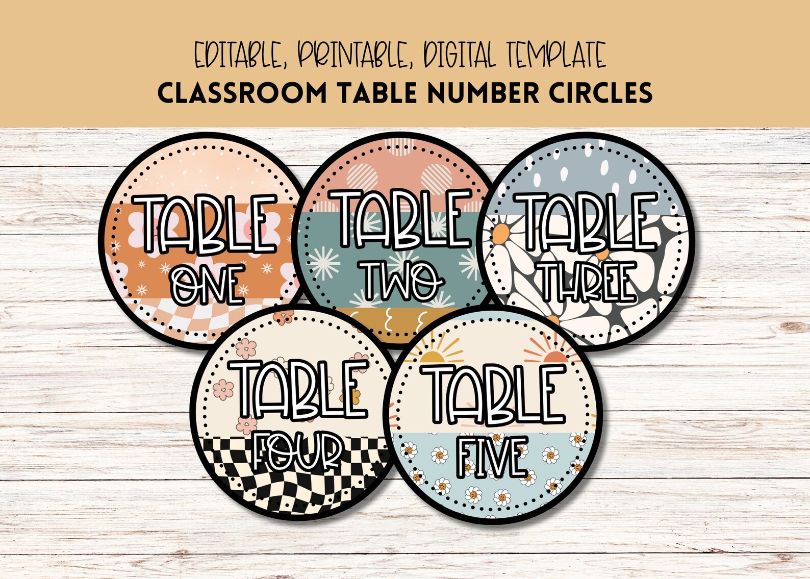 Retro Classroom Table Number Circles, Editable, Boho Table Numbers ...