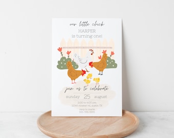May include: A colorful invitation for a first birthday party with a chicken theme. The invitation features a white chicken with a red comb and a brown chicken with a red comb. There are also four yellow chicks. The text on the invitation reads "our little chick HARPER is turning one!" and "join us to celebrate sunday 25 august 2:00 to 4:00 pm 12345 rooster rd, austin TX rsvp to marie 555-555-5555".