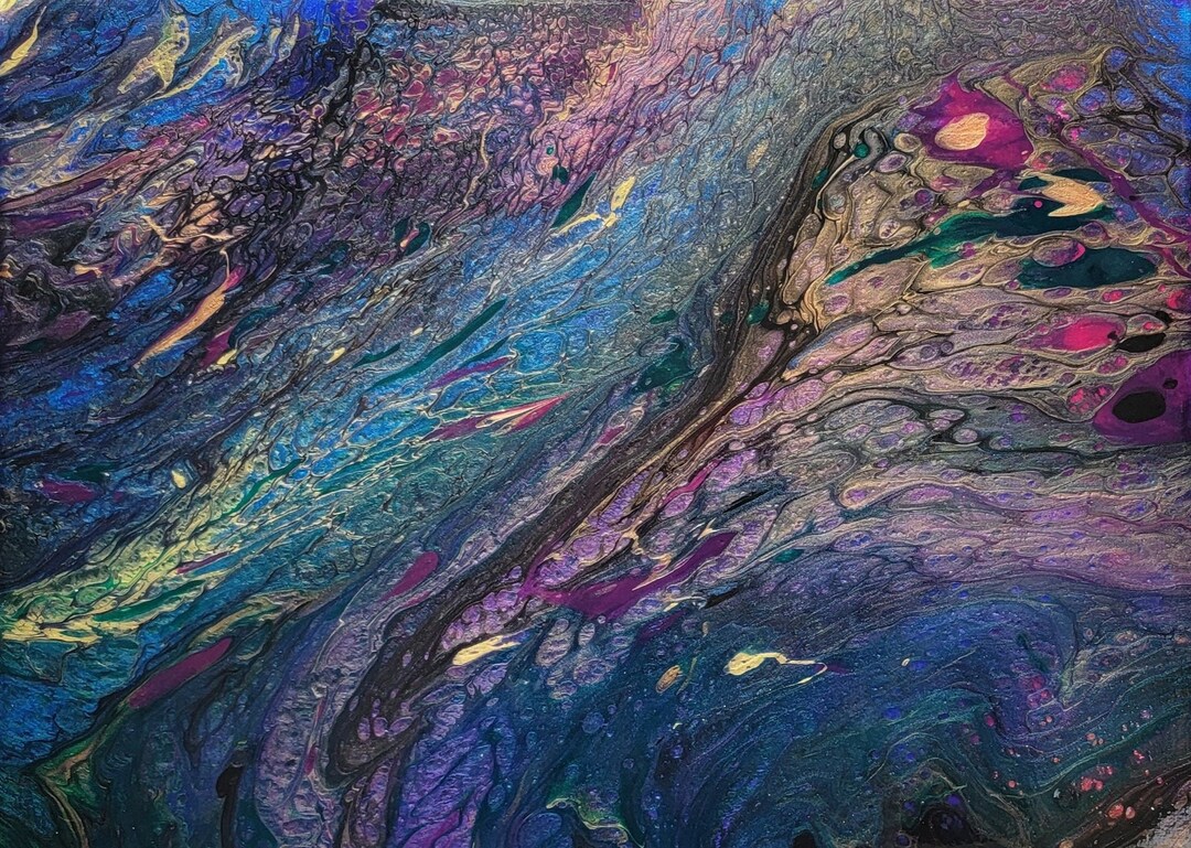 12x16 Original Abstract Canvas Art Acrylic Pour Painting peacock Galaxy