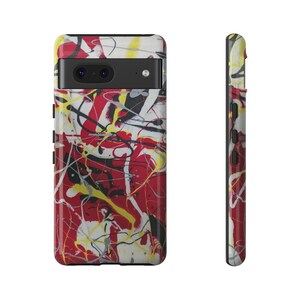 May include: A black phone case with a red, yellow, white, and black abstract paint splatter design.