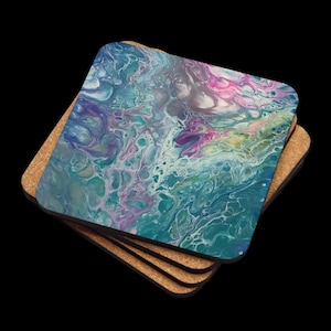 Ocean Life Acrylic Pour Painting Cork-Back Coaster