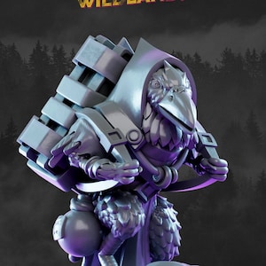 May include: A gray 3D printed miniature of a crow-like creature wearing a hooded cloak and carrying a stack of books. The creature is standing on a swirling cloud base. The text "INTO THE WILDLANDS" is visible above the miniature.