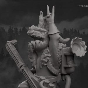 May include: A gray 3D-printed figurine of a dragon-like creature playing a guitar and giving a rock-and-roll hand gesture. The figure has a backpack with a speaker and is standing on a small box. The words "minigerie", "Etsy", and "Patreon" are at the bottom.