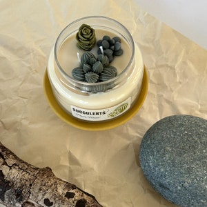 May include: A glass candle jar with a white candle and green succulent decorations. The jar is sitting on a yellow coaster with the words "Succulents" and "Plants of Nature" printed on it.