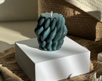Small Knit Pillar Candle: Homemade Soy Wax, Twisted Knot Design