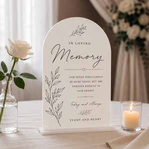 May include: An arched white sign with black text reading IN LOVING MEMORY, FOR THOSE WHO CANNOT BE HERE TODAY, BUT ARE FOREVER PRESENT IN OUR HEARTS, Today and Always, and TEDDY AND HENRY, decorated with black line art botanical illustrations.