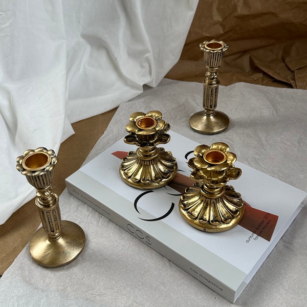 Vintage Set of 4 Candlesticks, Antique Candle Holder, Gold Mismatched Wedding Collection , candlestick, candle holders Gold Candle