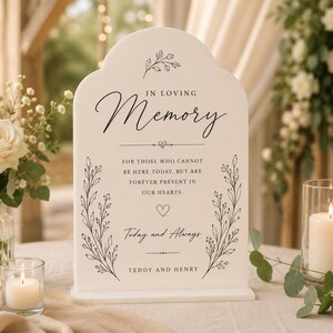 May include: An arched white sign with black text reading In Loving Memory, For those who cannot be here today, but are forever present in our hearts, Today and Always, and the names Teddy and Henry, decorated with black line art floral motifs.