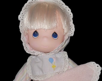 7" Precious Moments 1992 Pajamas & Pink Blanket Doll  RoseArt Art Applause Cloth Child Collectible Samuel J Butcher Stripped PJs Vintage