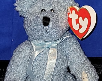 TY Attic Treasures Coll 1993 "Bluebeary" Brown Jointed Stuffed Plush Blue Teddy Bear Blue Bow Art Collectible Christmas Gift Holiday Vintage