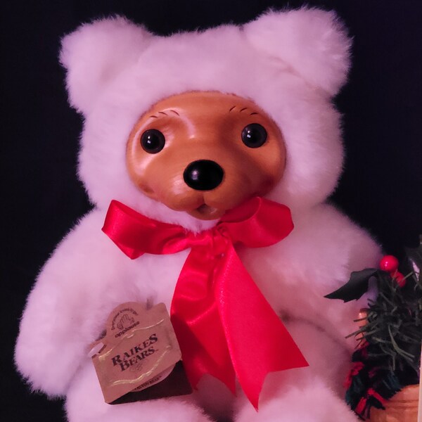 Robert Raikes 11" ALVIN BEAR WHITE Plush Christmas Wood Face & Basket, Art, Collectible, Gift, Love, Vintage