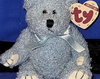 TY Attic Treasures Coll 1993 "Bluebeary" Brown Jointed Stuffed Plush Blue Teddy Bear Blue Bow Art Collectible Christmas Gift Holiday Vintage