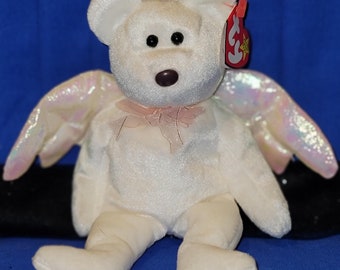TY 5th Gen "Halo" 9" Original Beanie Baby White Pinkish Wings Angel Bear Animal Collectible Christmas Gift Stuffed Vintage Holiday