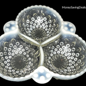 1940s Anchor Hocking Moonstone Hobnail Candy Dish: Vintage Opalescent Glass Relish Tray