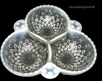 1940's Anchor Hocking Glass Opalescent Hobnail Moonstone Candy Relish Dish Tray Art Colored Glass Decor Gift Kitchen Office Vintage