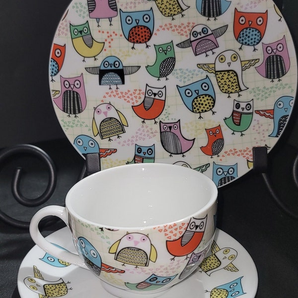 3 Piece Ceramic Geometric OWLS by Creative Tops LUNCHEON SET Teacup Saucer Plate Birds Art Child Collectible Creative Tops Food Gift Vintage