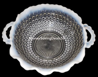 7.5" W 1960's Anchor Hocking Moonstone Opalescent Hobnail Ruffled Serving Bowl Dish w/Handles Collectible Gift Kitchen Vintage