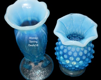1 Fenton Blue Opalescent Ruffled Glass Hobnail Bud Small Mini 3.5" Vase & 1 Dugan 4.5" Blue Opalescent Twig Vase Collectible Gift Vintage