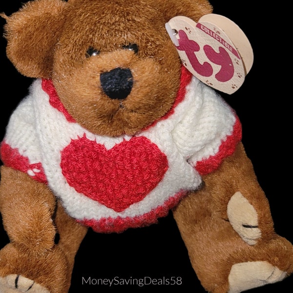 TY 1993 Casanova Brown Jointed Stuffed Plush Teddy Bear with White and Red Heart Sweater Art Collectible Gift Vintage