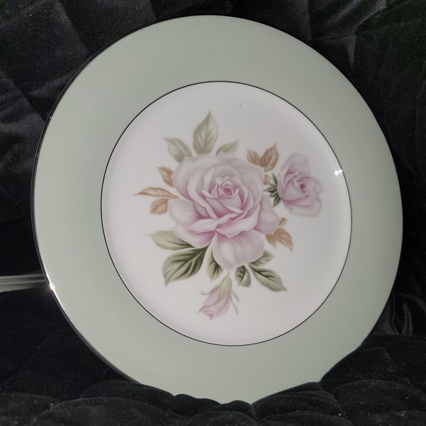 Beautiful Noritake China Japan 5321 Cascade Green Edge White Rose Dinner Plate, Art, Food, Collectible, Gift, Vintage