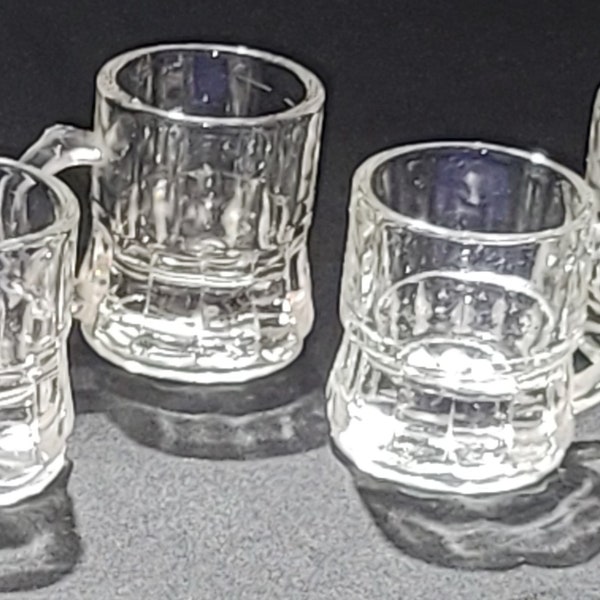 4 Federal 1970's Clear Heavy Glass Round Small Mini Serveware Alcohol Bar Beer Mugs Glasses Gift Goblets Tumblers Vintage