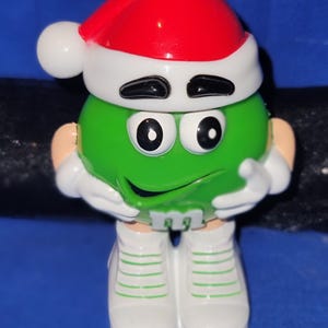 Mars Inc 1990&#39;s 4&quot; Red Santa Hat Green Candy M&Ms Plastic Candy Holder Figurine Christmas Tree Art Collectible Gift Love Holiday Toy Vintage