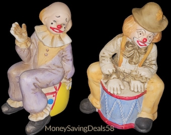 Set of 2 1987 Porcelain Imports Clown Bells Figurines, 1 Playing Drum 5" T, 1 Sitting On Ball 4.5" T Gift Collectible Circus Music Vintage