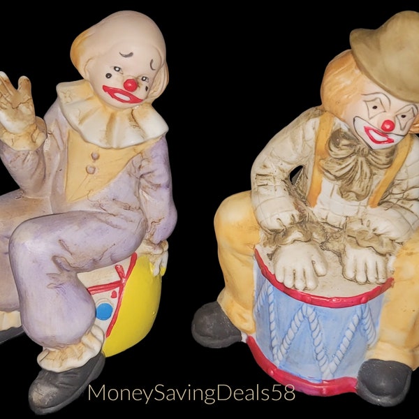 Set of 2 1987 Porcelain Imports Clown Bells Figurines, 1 Playing Drum 5" T, 1 Sitting On Ball 4.5" T Gift Collectible Circus Music Vintage