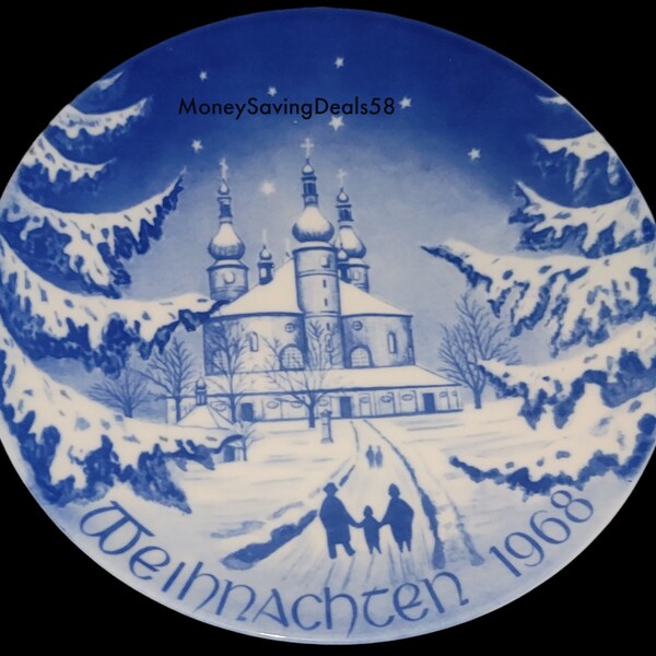 8" Bareuther KappelKirche bei Waldsassen 1968 Porcelain Plate Blue White Castle Christmas Collectible Family Love Snow Wall Vintage