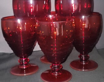 6 Paden City Penny Line Honeycomb Ruby Red Footed Wine Water Goblet Depression Cups, Art, Collectible, Colored Glass, Drinks, Gift, Vintage