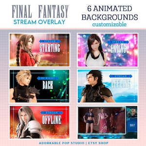 May include: Six animated backgrounds for streaming, featuring characters from Final Fantasy. The backgrounds include a starting screen, ending screen, offline screen, and a be right back screen. The backgrounds are customizable.